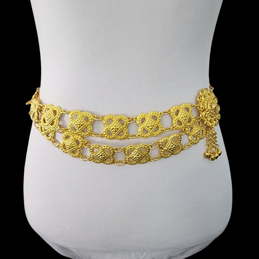 Gold Chain Belt Square Knots Filigree Adjustable Length Bells